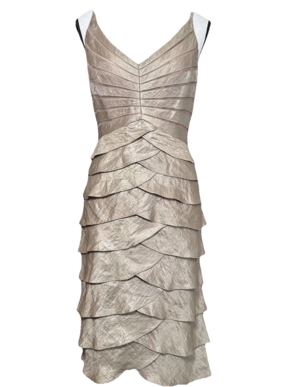 Adrianna Papell Sheath Dress *12 Gold Champagne Tiered Spaghetti Strap Y2K Glam